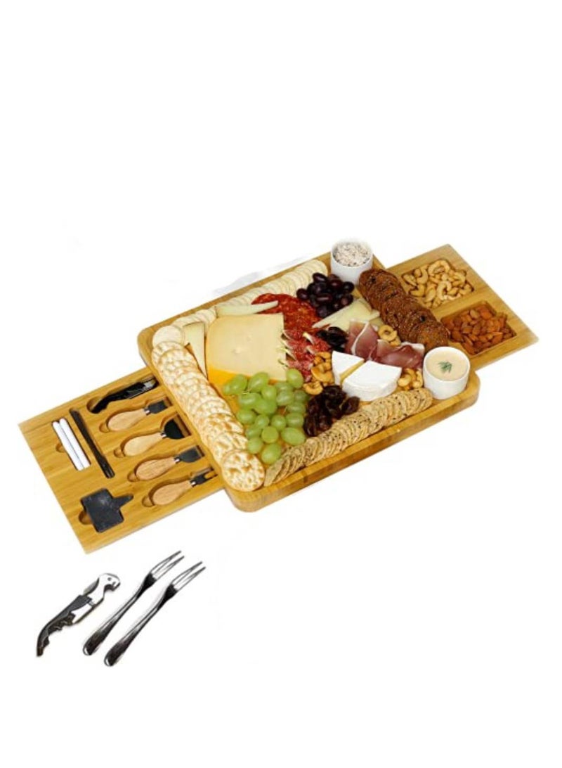 Premium Bamboo Cheese Board With Cutlery Server Set Serving Platter Tray With 2 Fork Spoon & 2 Slate Labels & 2 Chalk Markers & 1Bottle Opener.With Hidden Drawer Comes with 4 Stainless Steel Knives
