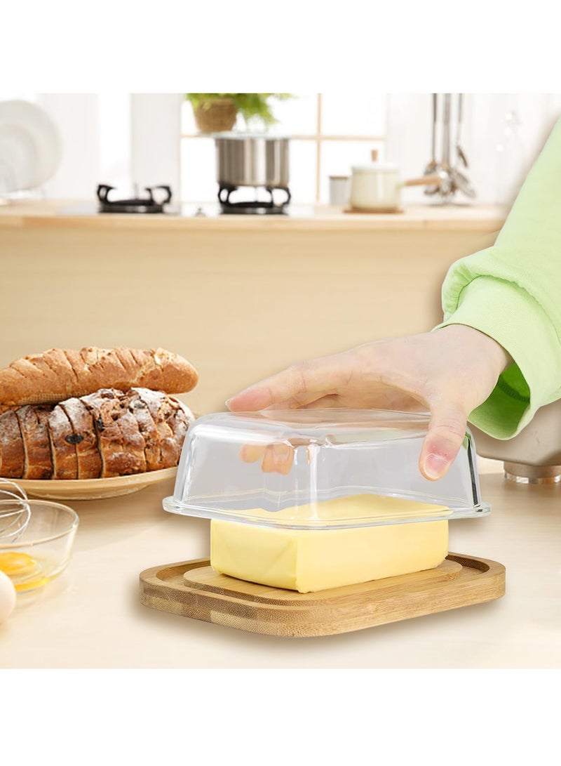 Clear Butter Dish with Thick Bamboo Plate, Rectangular Butter Tray with Lid for Countertop and Refrigerator Freshness