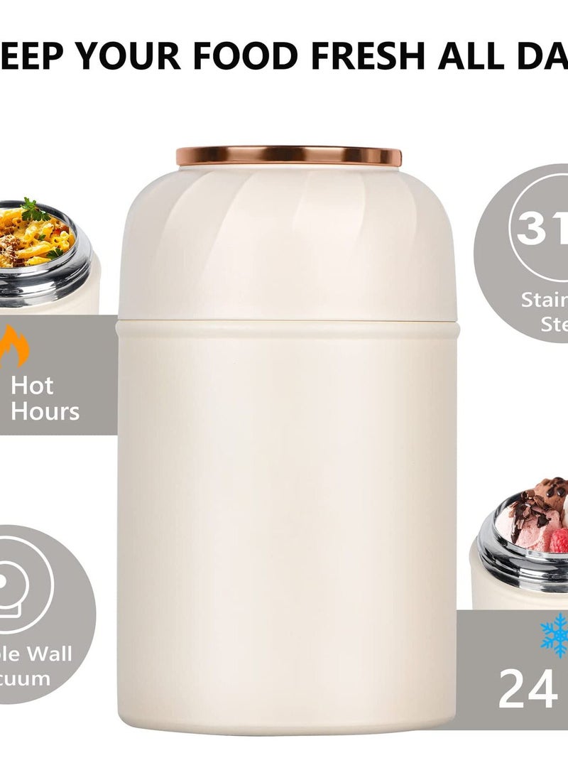 17oz Insulated Thermoses for Hot Food, Leak-Proof Container with Foldable Fork & Spoon, Portable and Convenient for Office and Outdoor Use, Keep Your Meals Warm in Style (White)