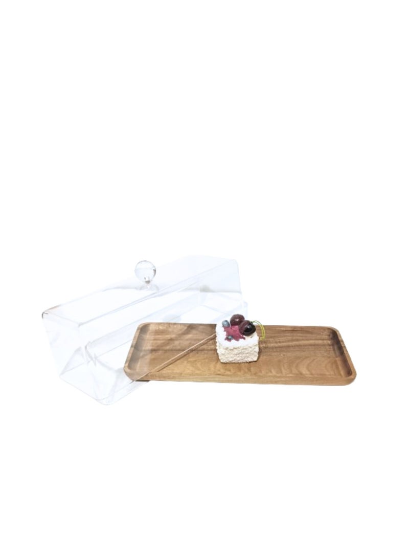 Liying Rectangular Cake Tray, Cake Wooden Plate Dish with Acrylic Display Cover Lid, Dessert Holder Tray, Cake Stand, Acrylic Grain Rectangle Cake Platter with Acrylic Cover, Pastry Base