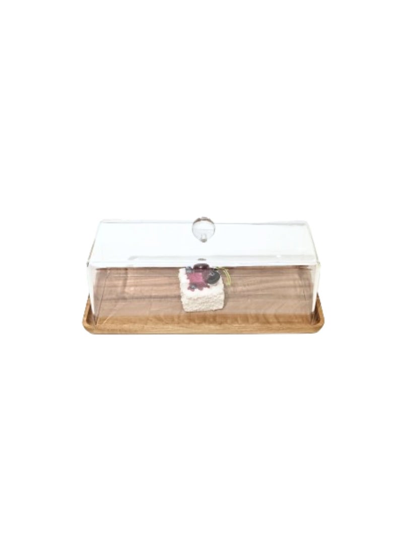 Liying Rectangular Cake Tray, Cake Wooden Plate Dish with Acrylic Display Cover Lid, Dessert Holder Tray, Cake Stand, Acrylic Grain Rectangle Cake Platter with Acrylic Cover, Pastry Base