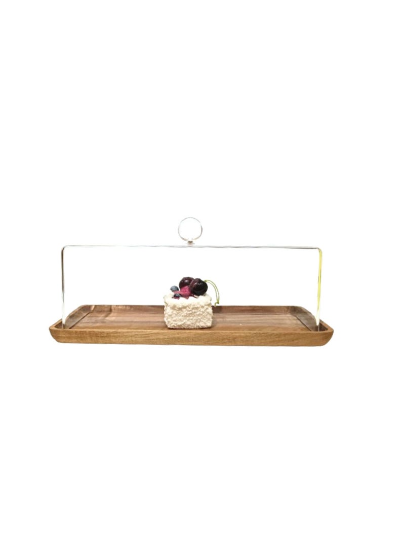 Liying Rectangular Cake Tray, Cake Wooden Plate Dish with Acrylic Display Cover Lid, Dessert Holder Tray, Cake Stand, Acrylic Grain Rectangle Cake Platter with Acrylic Cover, Pastry Base