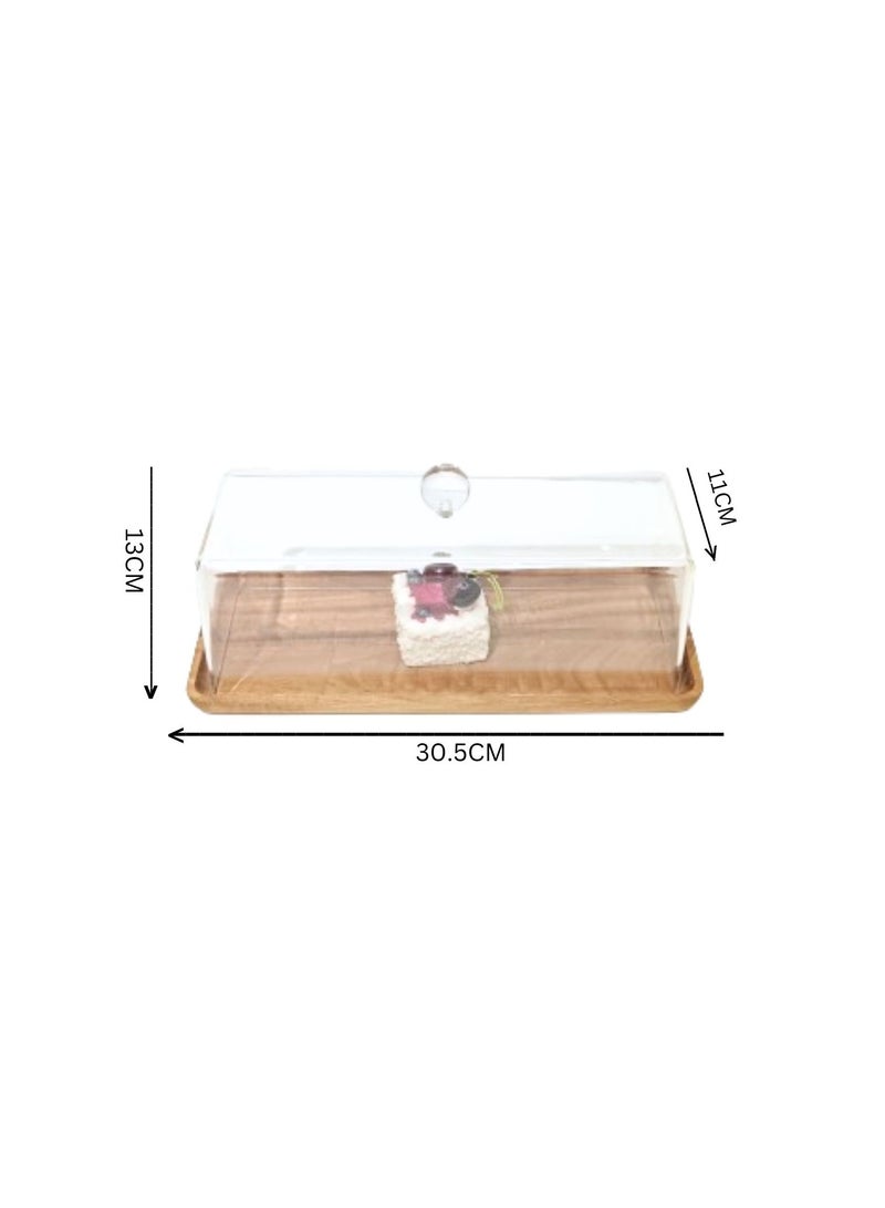 Liying Rectangular Cake Tray, Cake Wooden Plate Dish with Acrylic Display Cover Lid, Dessert Holder Tray, Cake Stand, Acrylic Grain Rectangle Cake Platter with Acrylic Cover, Pastry Base