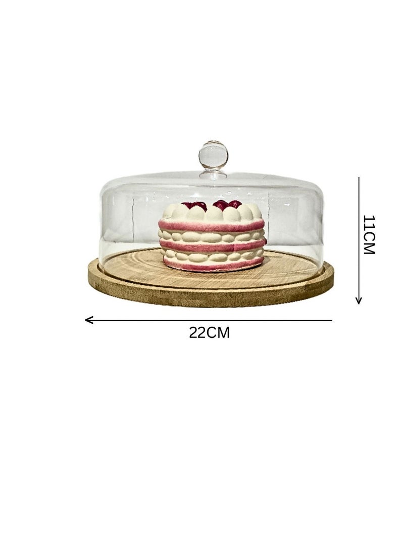 Liying Acrylic Dessert Plate with Base, Wood Cake Tray 22x11cm with Clear Acrylic Cover, Cake Fruit Display Server Tray for Kitchen, Birthday, Wedding, Appetizer Dessert (Round)