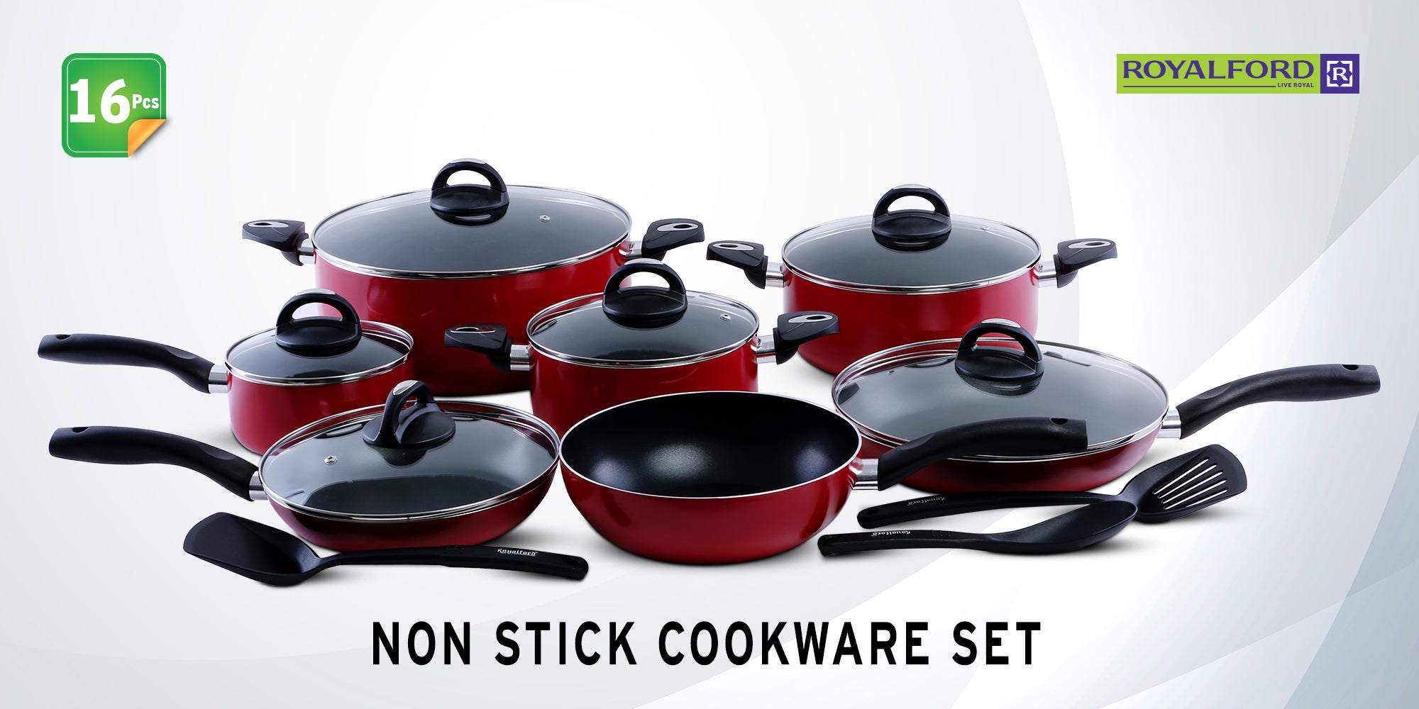 16-Piece Aluminium Non Stick Interior Durable & Light Weight Cookware Set Includes 1x 20cm Casserole With Lid, 1x 24cm Casserole With Lid 1x 30cm Casserole With Lid, 1x 16cm Sauce Pan With Lid, 1x 28cm Flat Fry Pan With Lid , 1x 24cm Flat Fry Pan With Lid, 1x 24cm Wok Pan, 1x Nylon Spoon, 1x Nylon Slotted Spatula, 1x Nylon Spatula Red