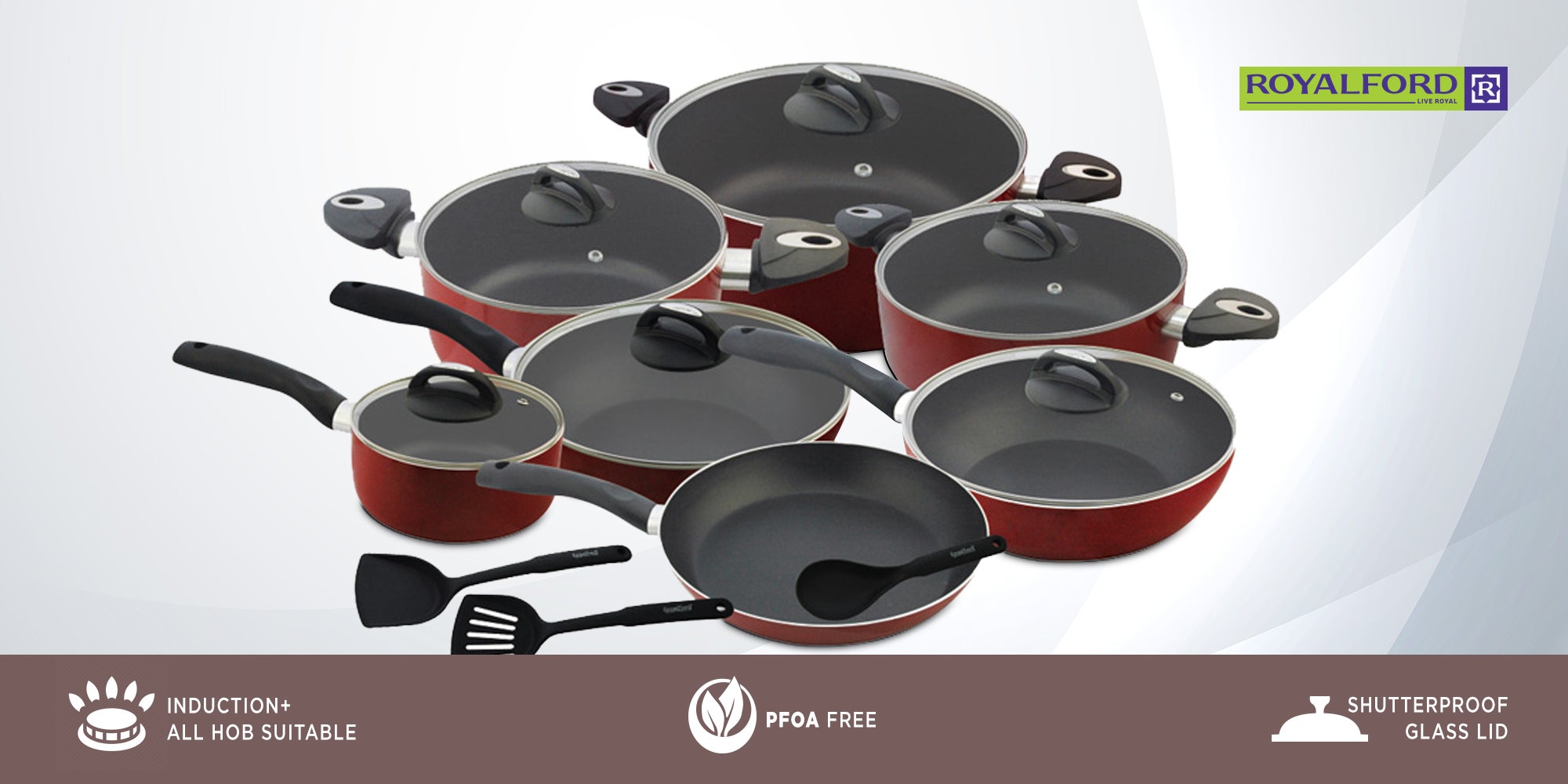 16-Piece Aluminium Non Stick Interior Durable & Light Weight Cookware Set Includes 1x 20cm Casserole With Lid, 1x 24cm Casserole With Lid 1x 30cm Casserole With Lid, 1x 16cm Sauce Pan With Lid, 1x 28cm Flat Fry Pan With Lid , 1x 24cm Flat Fry Pan With Lid, 1x 24cm Wok Pan, 1x Nylon Spoon, 1x Nylon Slotted Spatula, 1x Nylon Spatula Red