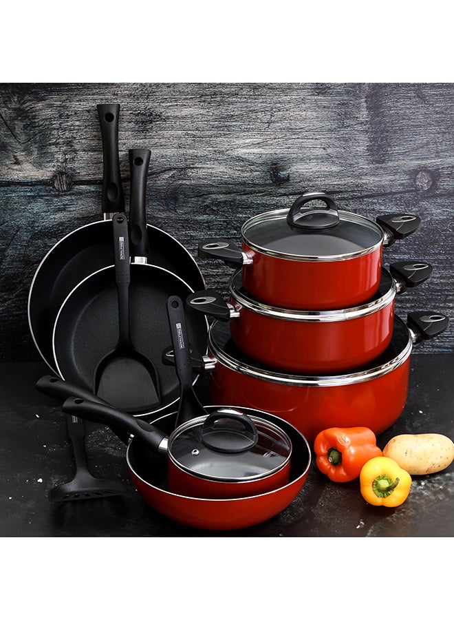 16-Piece Aluminium Non Stick Interior Durable & Light Weight Cookware Set Includes 1x 20cm Casserole With Lid, 1x 24cm Casserole With Lid 1x 30cm Casserole With Lid, 1x 16cm Sauce Pan With Lid, 1x 28cm Flat Fry Pan With Lid , 1x 24cm Flat Fry Pan With Lid, 1x 24cm Wok Pan, 1x Nylon Spoon, 1x Nylon Slotted Spatula, 1x Nylon Spatula Red