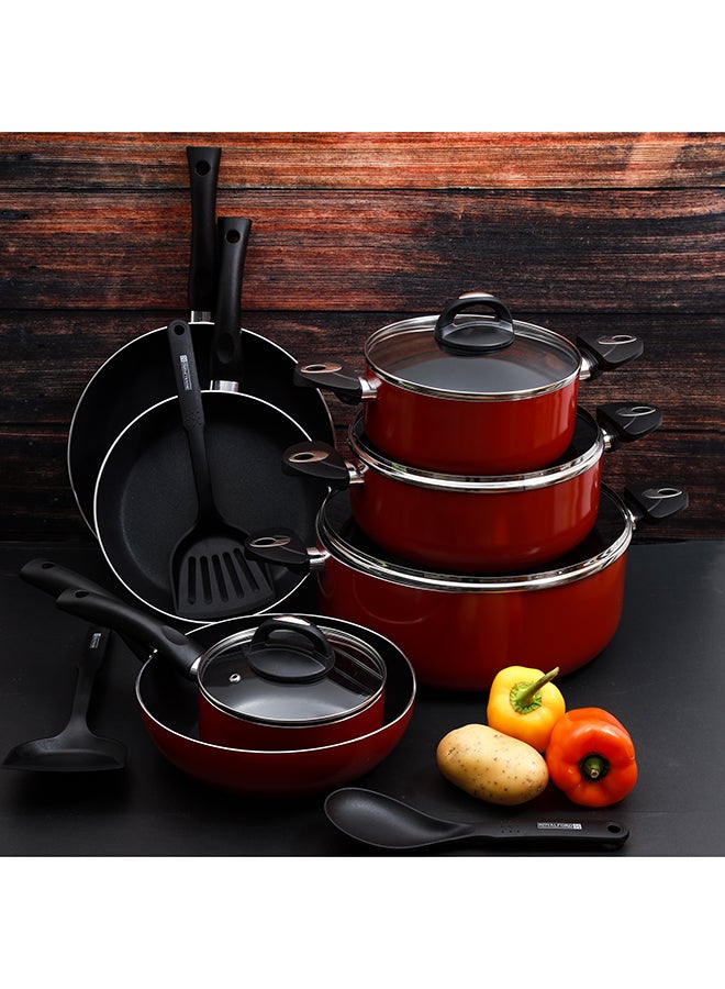 16-Piece Aluminium Non Stick Interior Durable & Light Weight Cookware Set Includes 1x 20cm Casserole With Lid, 1x 24cm Casserole With Lid 1x 30cm Casserole With Lid, 1x 16cm Sauce Pan With Lid, 1x 28cm Flat Fry Pan With Lid , 1x 24cm Flat Fry Pan With Lid, 1x 24cm Wok Pan, 1x Nylon Spoon, 1x Nylon Slotted Spatula, 1x Nylon Spatula Red