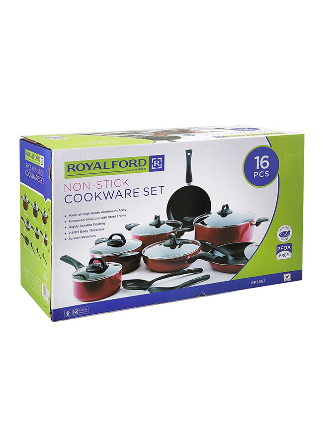 16-Piece Aluminium Non Stick Interior Durable & Light Weight Cookware Set Includes 1x 20cm Casserole With Lid, 1x 24cm Casserole With Lid 1x 30cm Casserole With Lid, 1x 16cm Sauce Pan With Lid, 1x 28cm Flat Fry Pan With Lid , 1x 24cm Flat Fry Pan With Lid, 1x 24cm Wok Pan, 1x Nylon Spoon, 1x Nylon Slotted Spatula, 1x Nylon Spatula Red