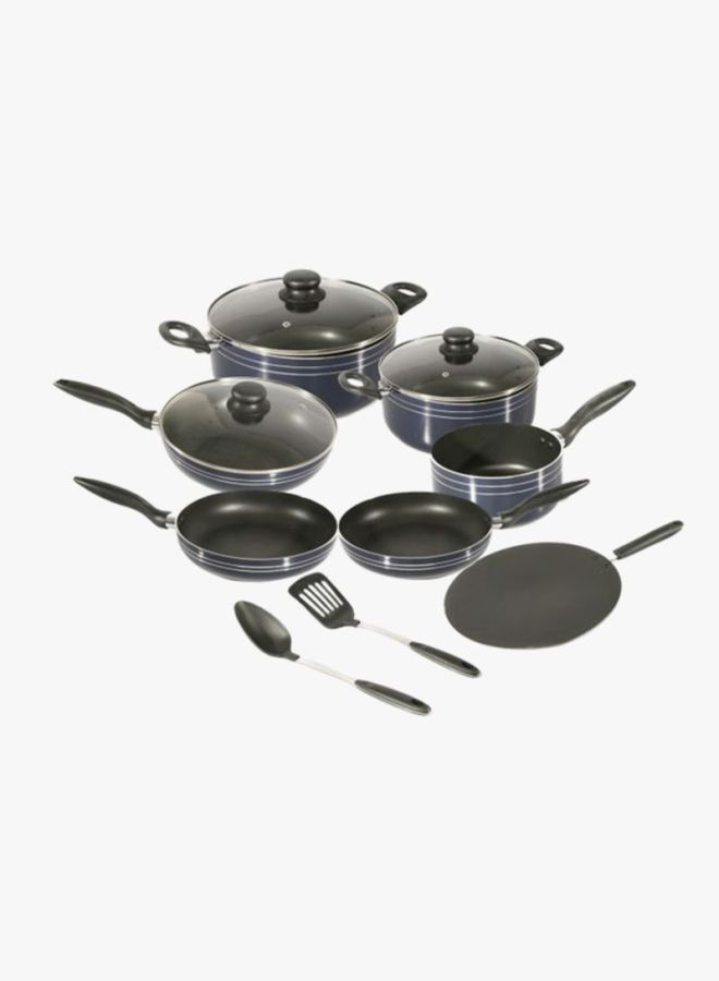 12-Piece Aluminium Cookware Set Black Casserole With Lid 26, Casserole With Lid 24, Wokpan 26, Tawa 30, Frypan 24, Frypan 26, Sauce Pan 16cm