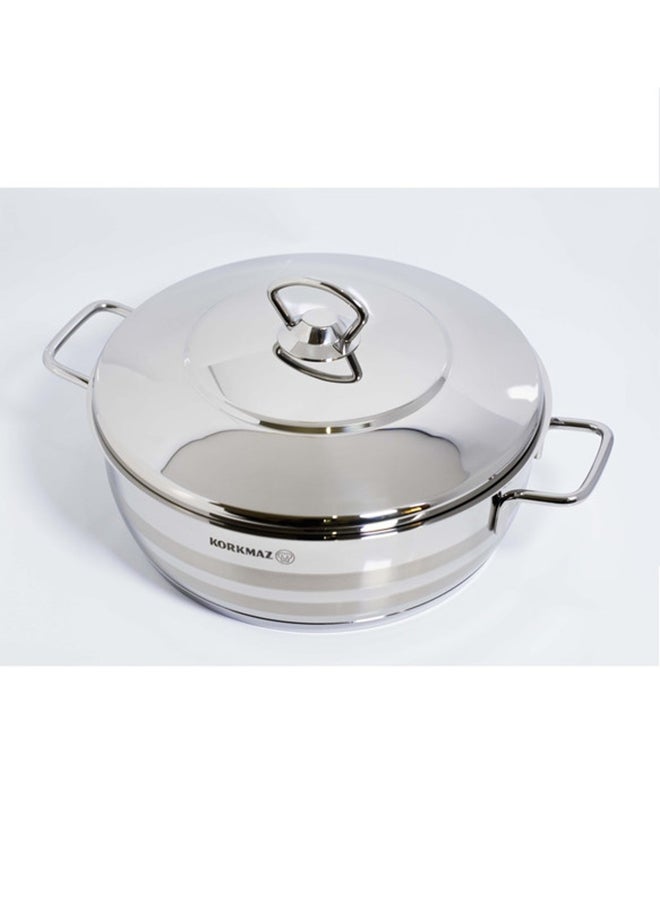 9-Piece 18/10 Cr-Ni Stainless Steel Polished To A High Gloss With Three Satin Stripes  3 Ply Bottom With Thermal Coating Cookware Set Includes Casserole With Lids (2, 3.5, 6.5), 1x Low Cassarole - 3.5 liters Silver
