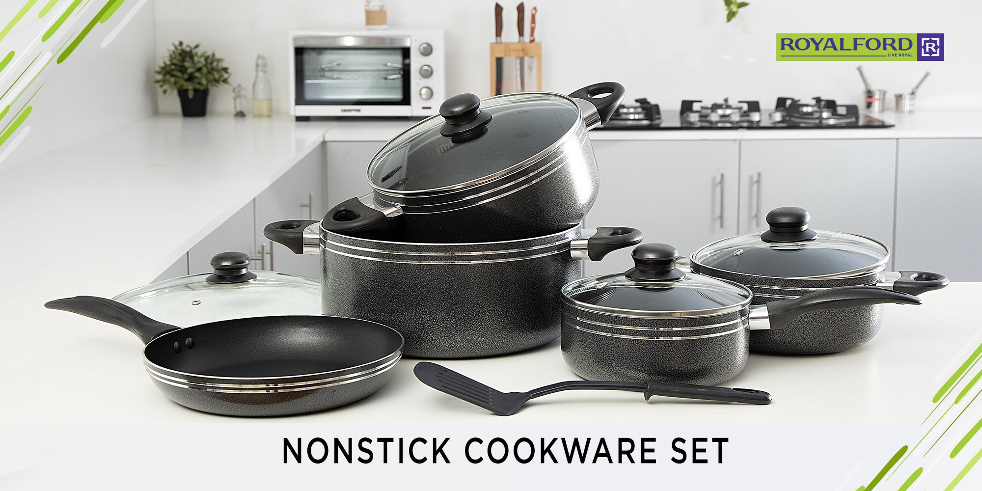 10 Pcs Non Stick Cookware Set Strong Aluminium Body, 3 Layer Construction, Cd Bottom, Tempered Glass Lid With Steel Frame Black 28x14.5cm