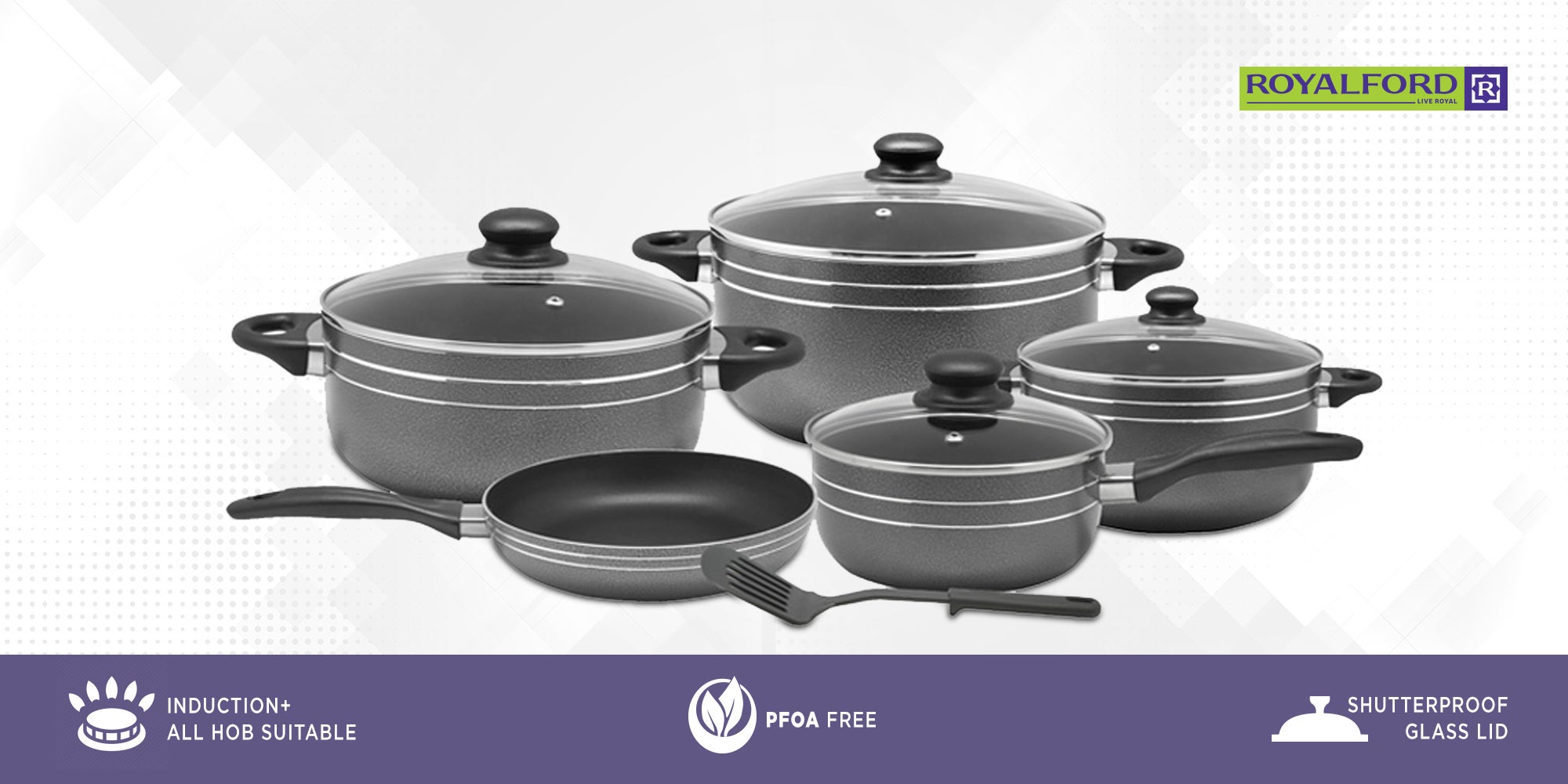 10 Pcs Non Stick Cookware Set Strong Aluminium Body, 3 Layer Construction, Cd Bottom, Tempered Glass Lid With Steel Frame Black 28x14.5cm