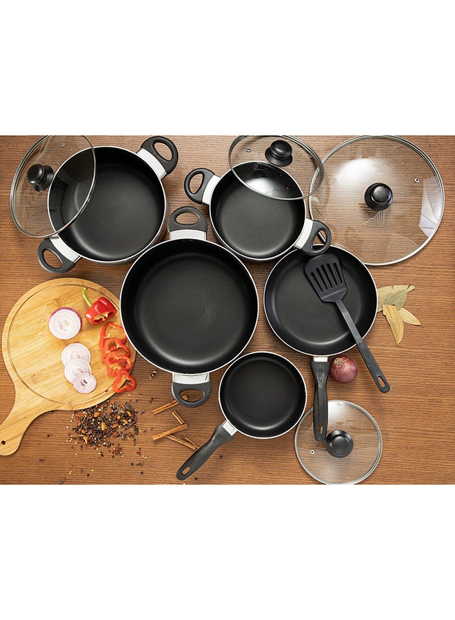 10 Pcs Non Stick Cookware Set Strong Aluminium Body, 3 Layer Construction, Cd Bottom, Tempered Glass Lid With Steel Frame Black 28x14.5cm