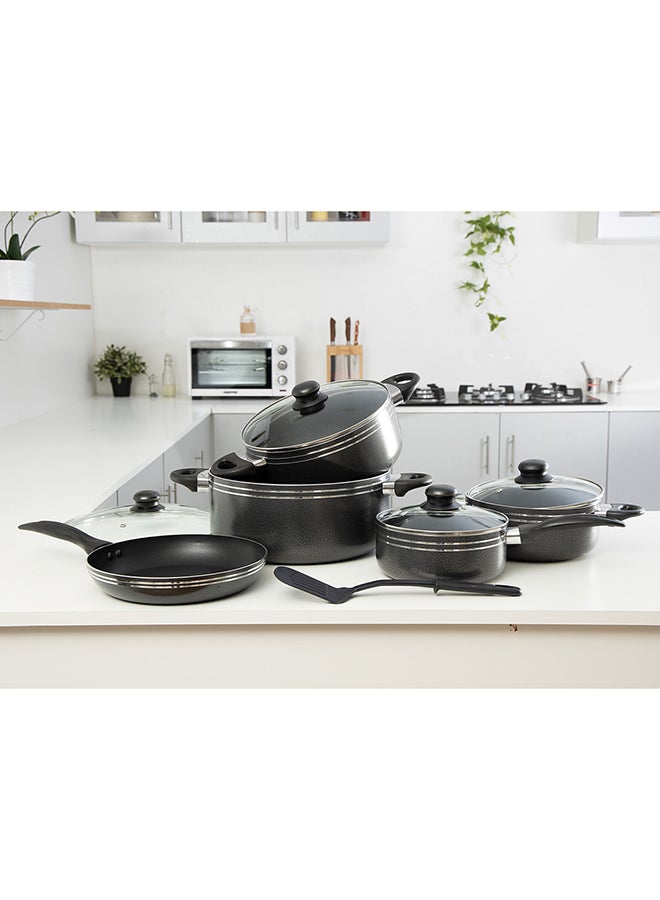 10 Pcs Non Stick Cookware Set Strong Aluminium Body, 3 Layer Construction, Cd Bottom, Tempered Glass Lid With Steel Frame Black 28x14.5cm