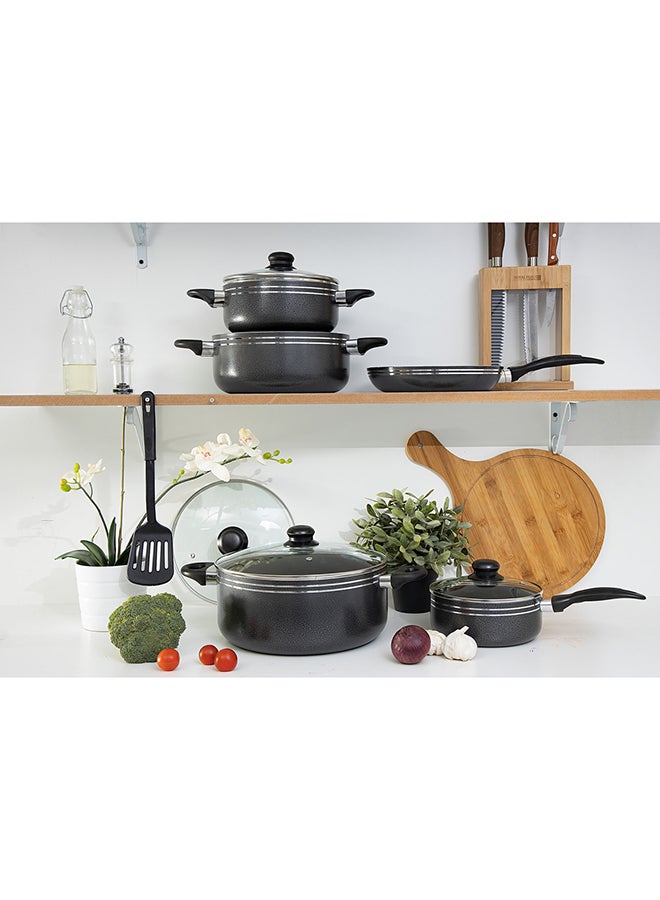 10 Pcs Non Stick Cookware Set Strong Aluminium Body, 3 Layer Construction, Cd Bottom, Tempered Glass Lid With Steel Frame Black 28x14.5cm