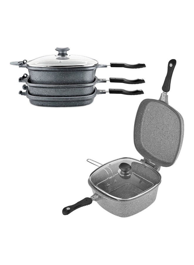 7-Piece Multi Cooker Set Includes Square Deep Pan With Lid 26 cm, Square Grill Pan With Lid 26 cm, Fry Pan 26 cm, Round Fryer Basket With Lid And Handle 20 cm Grey