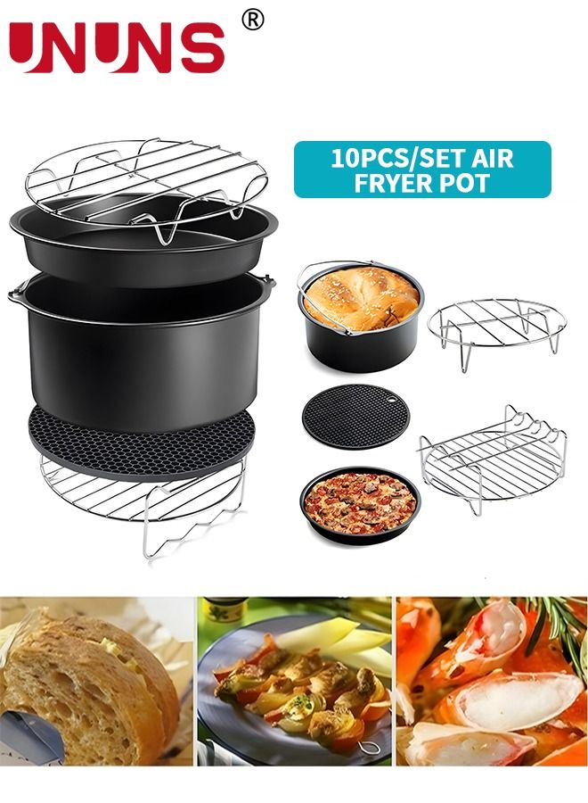 10 Pieces  8 Inch Air Fryer Accessories Combination Material Set Of 10 Air Fryer Accessories For Deep Air Fryer Oven,Include Cake,Rack Skewer,6 Cake Cups Black