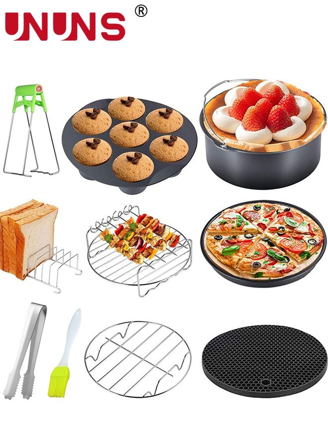 10 Pieces  8 Inch Air Fryer Accessories Combination Material Set Of 10 Air Fryer Accessories For Deep Air Fryer Oven,Include Cake,Rack Skewer,6 Cake Cups Black