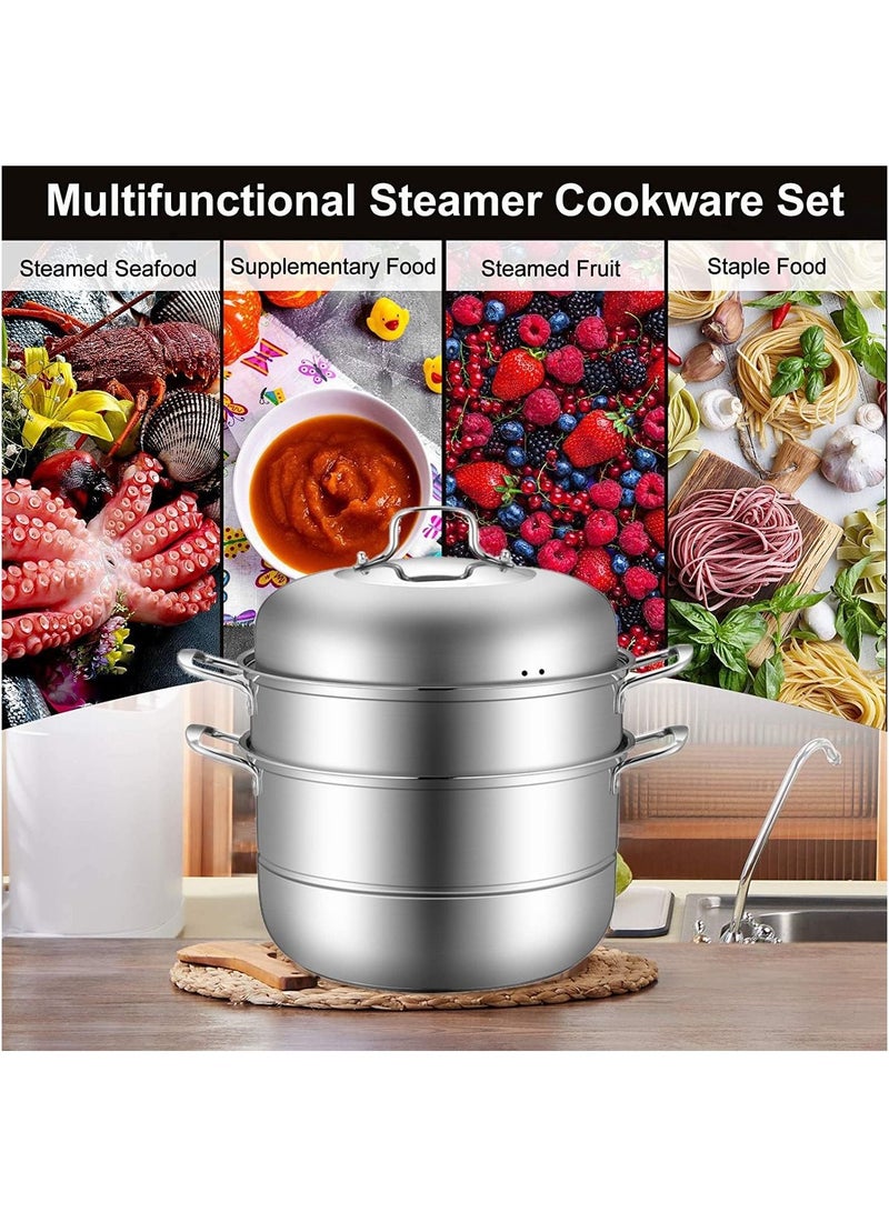 Stainless Steel Steamer, Multi-Tier Cookware Pot with Tempered Glass Lid, Work with Gas,Electric,Grill Stove Top,Dishwasher Safe (3-Tier)