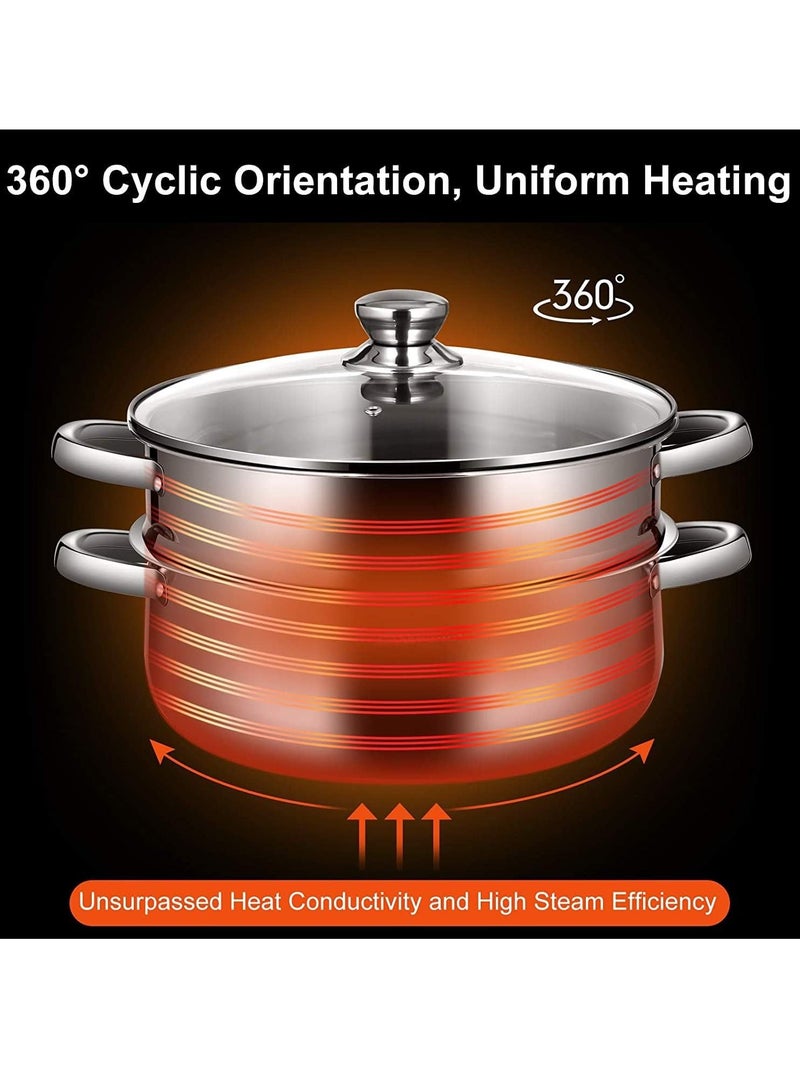 Stainless Steel Steamer, Multi-Tier Cookware Pot with Tempered Glass Lid, Work with Gas,Electric,Grill Stove Top,Dishwasher Safe (3-Tier)