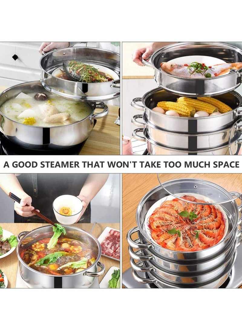 Stainless Steel Steamer, Multi-Tier Cookware Pot with Tempered Glass Lid, Work with Gas,Electric,Grill Stove Top,Dishwasher Safe (3-Tier)