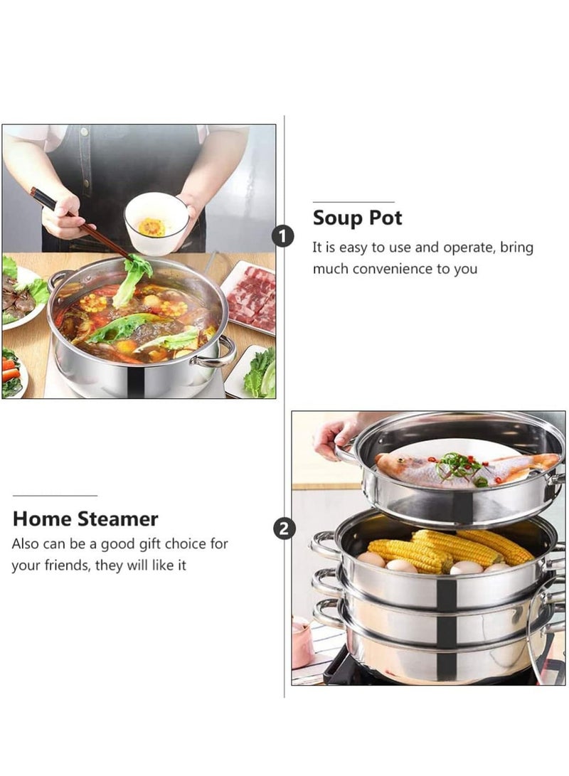 Stainless Steel Steamer, Multi-Tier Cookware Pot with Tempered Glass Lid, Work with Gas,Electric,Grill Stove Top,Dishwasher Safe (3-Tier)