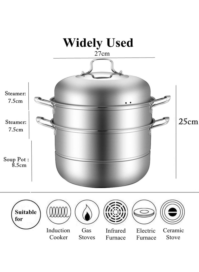 Stainless Steel Steamer, Multi-Tier Cookware Pot with Tempered Glass Lid, Work with Gas,Electric,Grill Stove Top,Dishwasher Safe (3-Tier)