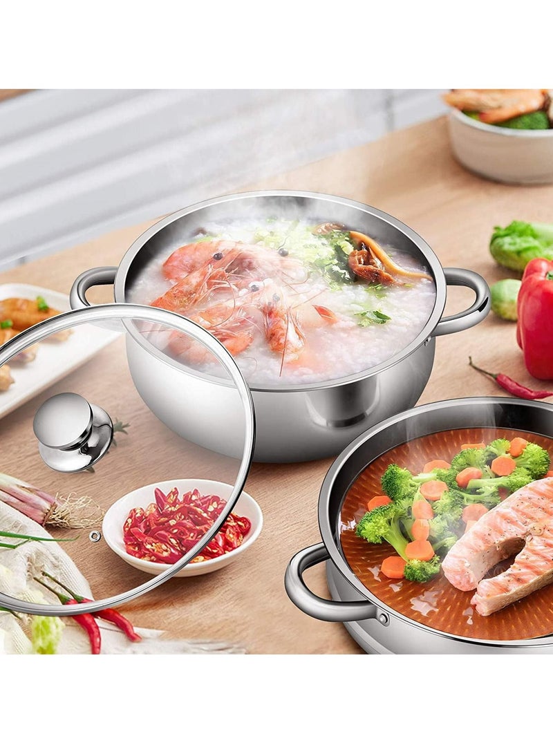 Stainless Steel Steamer, Multi-Tier Cookware Pot with Tempered Glass Lid, Work with Gas,Electric,Grill Stove Top,Dishwasher Safe (3-Tier)