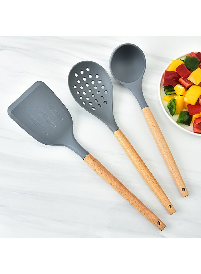 Gray Silicone Wooden Handle Kitchen Utensils With Storage Bucket 10-Piece Set
