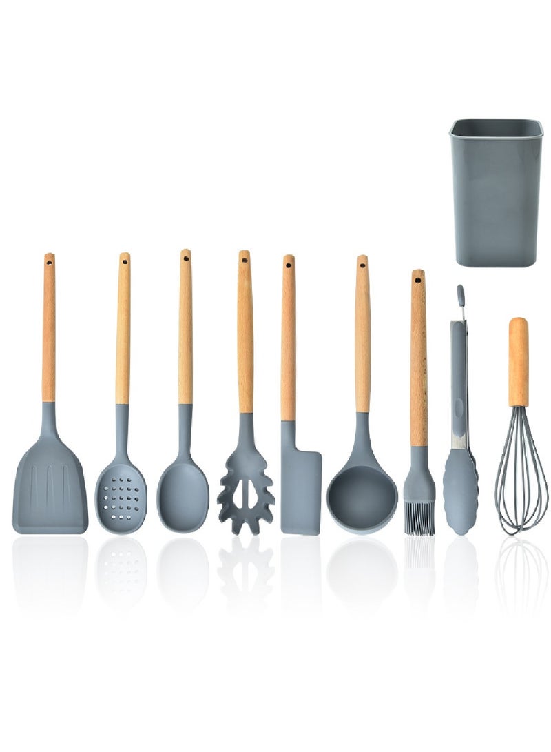 Gray Silicone Wooden Handle Kitchen Utensils With Storage Bucket 10-Piece Set