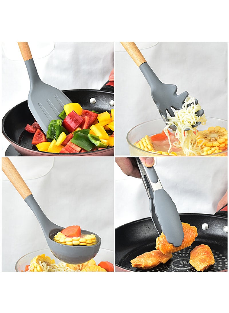 Gray Silicone Wooden Handle Kitchen Utensils With Storage Bucket 10-Piece Set