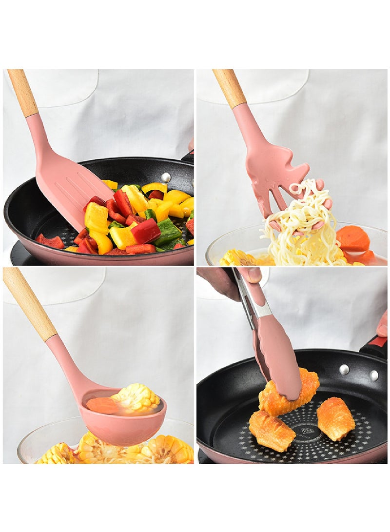 Pink Silicone Spatula With Wooden Handle 11-Piece Kitchen Utensil Set