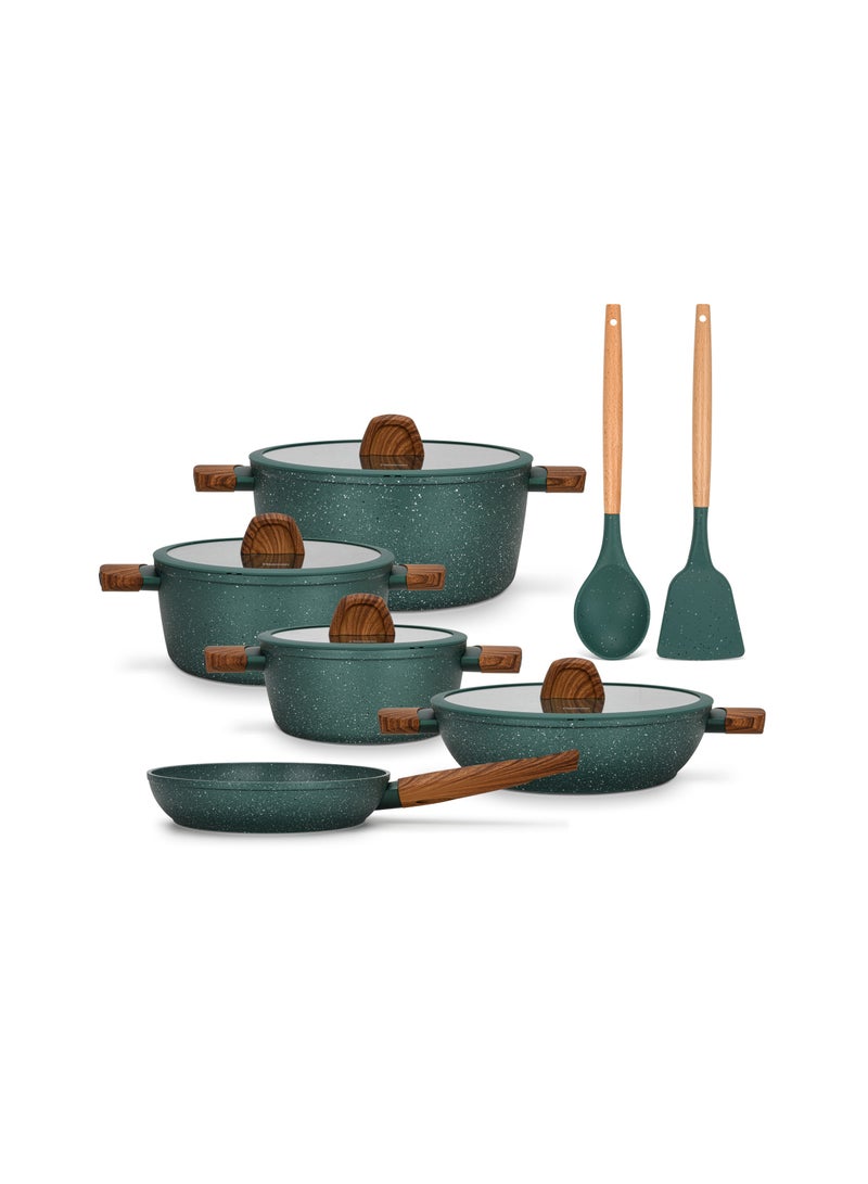 11-Piece Cookware Set Falak Aluminum with Non-Stick Coating Stockpot, Shallow Casserole, Frying Pan Cooking Spoon And Turner