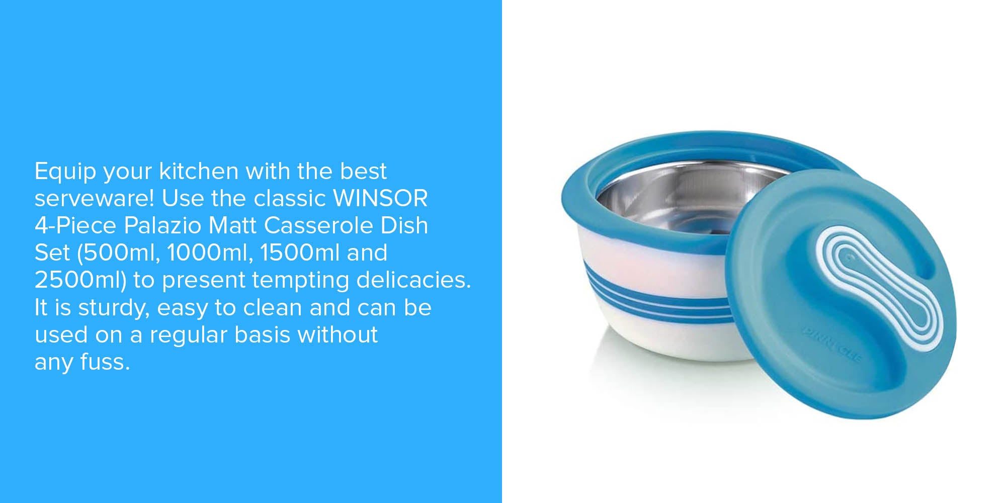 4-Piece Palazio Matt Casserole Set Blue 1st Casserole Dish 500, 2nd Casserole Dish 1000, 3rd Casserole Dish 1500, 4th Casserole Dish 2500ml