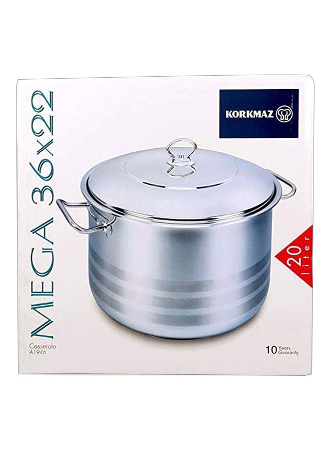 Sturdy And Durable Exclusive Shaped Cool Touch Handle Mega Casserole With Lid Silver 20Liters