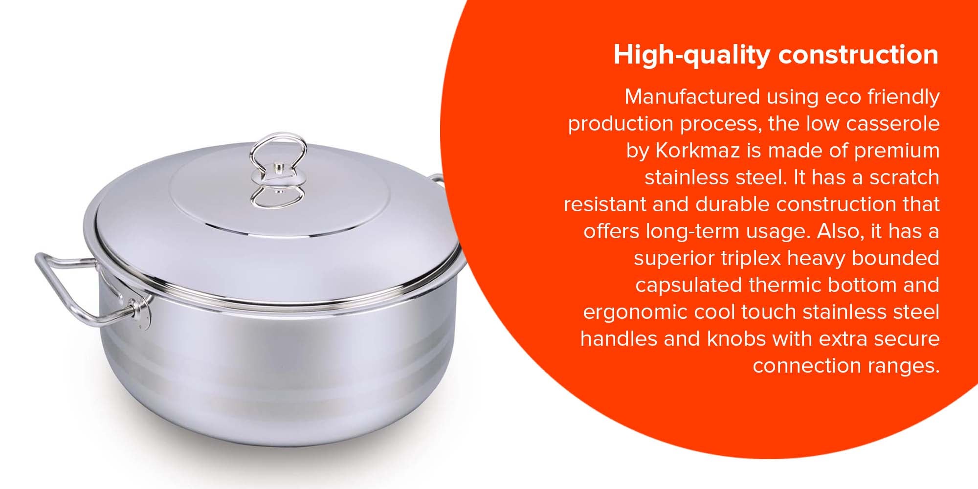 Sturdy And Durable Exclusive Shaped Cool Touch Handle Low Casserole With Lid Silver 15Liters