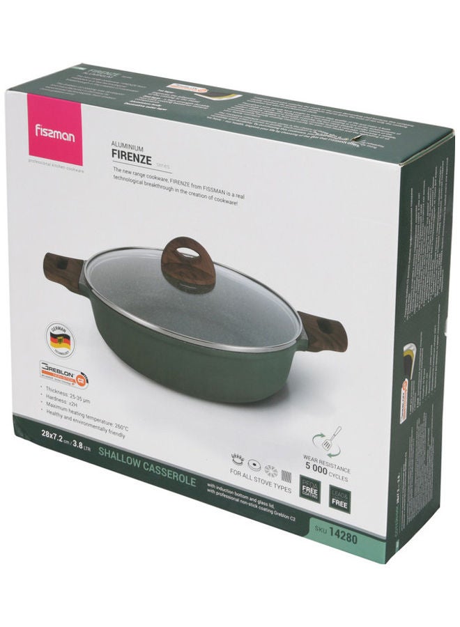 Casserole With Glass Lid Aluminium Coating Shallow And Induction Bottom 28x7.2cm/3.8LTR Green