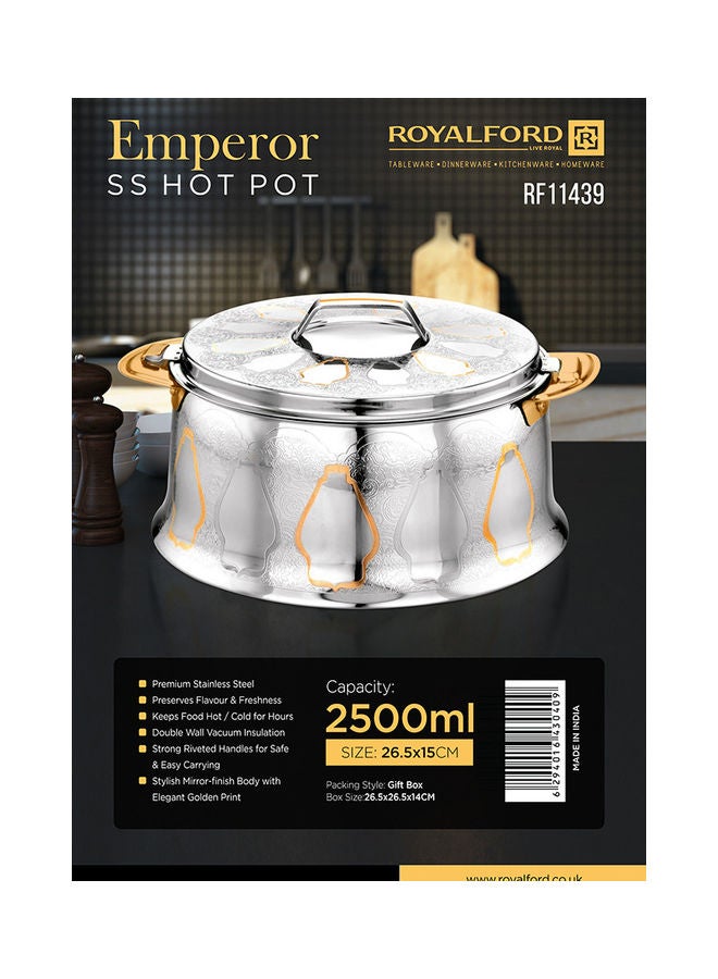 Emperor Stainless Steel Hotpot Food-Grade Hot And Cold Hotpot With Double Wall Vacuum Insulation Firm Twist Lock To Keep Food Fresh For Long Silver 2500ml