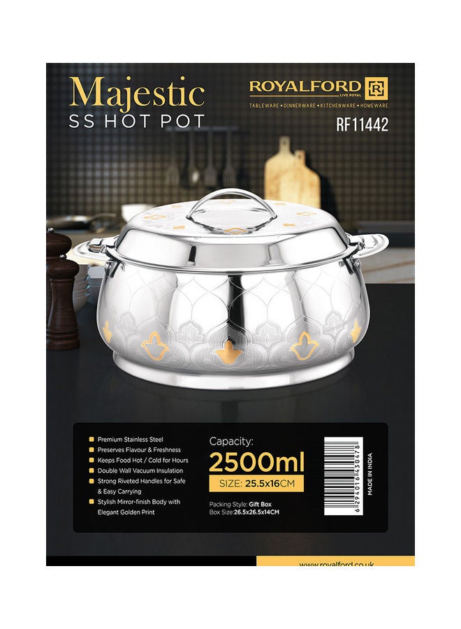 Food-Grade Hot And Cold Hotpot With Double Wall Vacuum Insulation| Firm Twist Lock To Keep Food Fresh For Long| Elegant And Unique Design Perfect For Rice Roti Curry| Silver and Golden Silver 2500ml