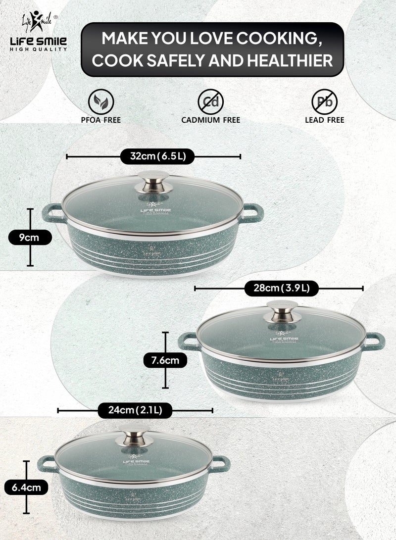 Non Stick Cookware Set - Shallow Pots Set with Lid | 24 CM, 28 CM, 32 CM | Non Stick PFOA FREE Granite Coating Frying Pans set | Kitchen Cooking Pots Oven Safe | Double Handles Green