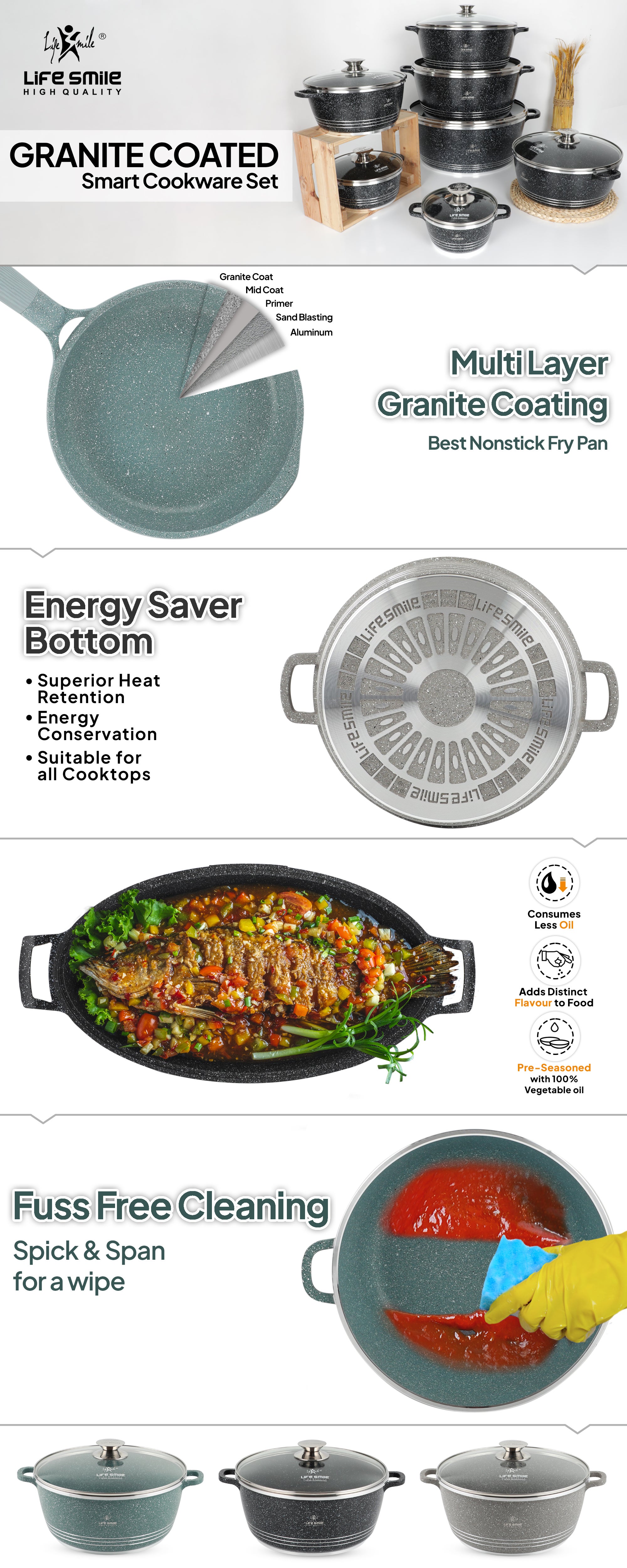 Non Stick Cookware Set - Shallow Pots Set with Lid | 24 CM, 28 CM, 32 CM | Non Stick PFOA FREE Granite Coating Frying Pans set | Kitchen Cooking Pots Oven Safe | Double Handles Green