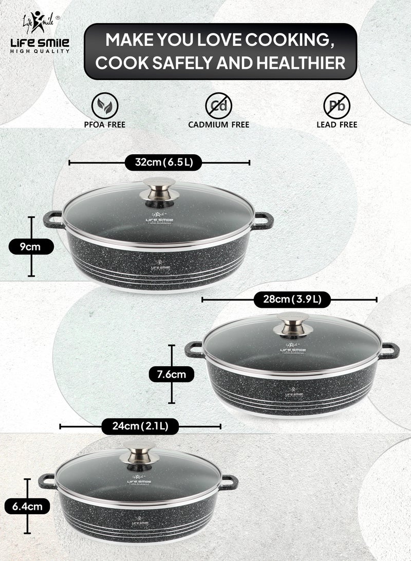 Non Stick Cookware Set - Shallow Pots Set with Lid | 24 CM, 28 CM, 32 CM | Non Stick PFOA FREE Granite Coating Frying Pans set | Kitchen Cooking Pots Oven Safe | Double Handles Black