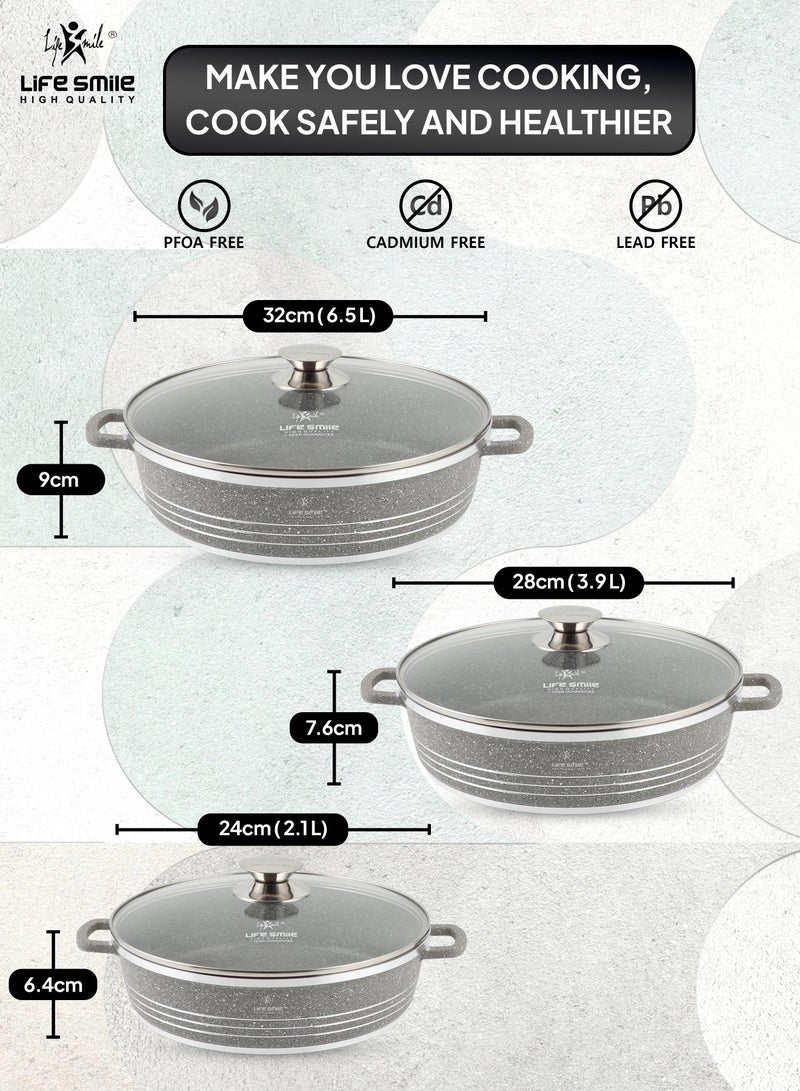 24/28/32cm Non Stick Cookware Set - Shallow Pots Set with Lid Non Stick PFOA FREE Granite Coating Frying Pans set | Kitchen Cooking Pots Oven Safe | Double Handles Grey