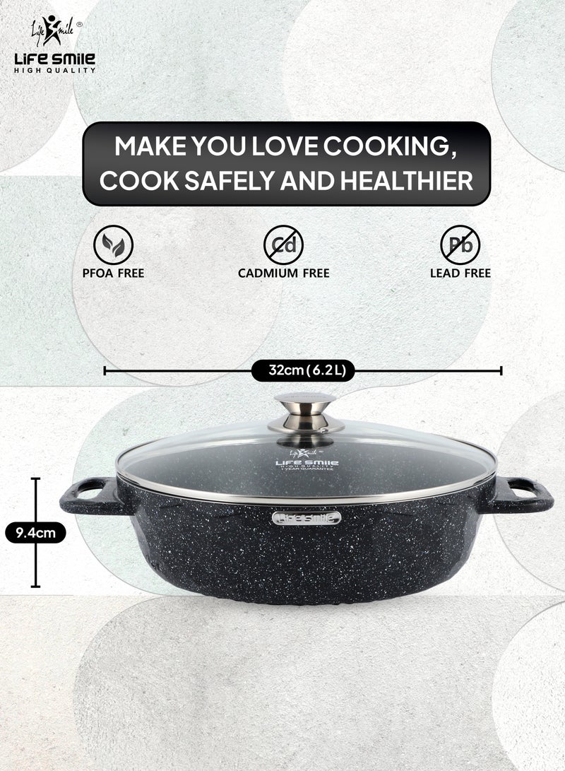 Shallow Pot Big Size With Lid - Multi Layer Granite Coating Fry Pan | 100% PFOA FREE | Multiple Hob Compatibility | Induction base (32 CM (6.2 Liters), Black)