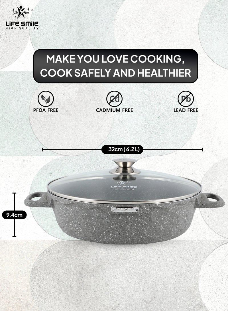 Shallow Pot Big Size With Lid - Multi Layer Granite Coating Fry Pan | 100% PFOA FREE | Multiple Hob Compatibility | Induction base (32 CM (6.2 Liters), Grey)