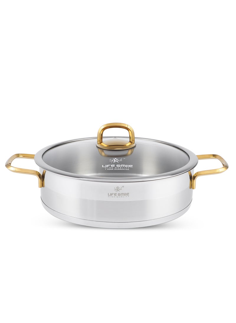 Premium 18/10 Stainless Steel Shallow Cooking Pot - Induction 3-Ply Thick Base Casserrole with Glass Lid for Even Heating Oven Safe Silver Gold