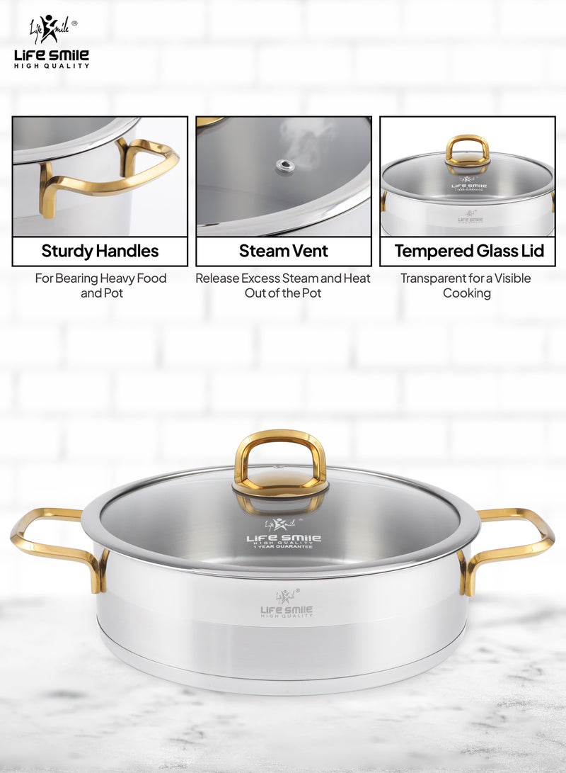 Premium 18/10 Stainless Steel Shallow Cooking Pot - Induction 3-Ply Thick Base Casserrole with Glass Lid for Even Heating Oven Safe Silver Gold