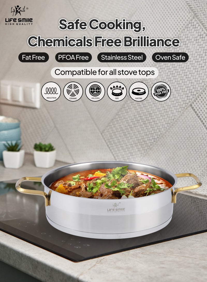 Premium 18/10 Stainless Steel Shallow Cooking Pot - Induction 3-Ply Thick Base Casserrole with Glass Lid for Even Heating Oven Safe Silver Gold