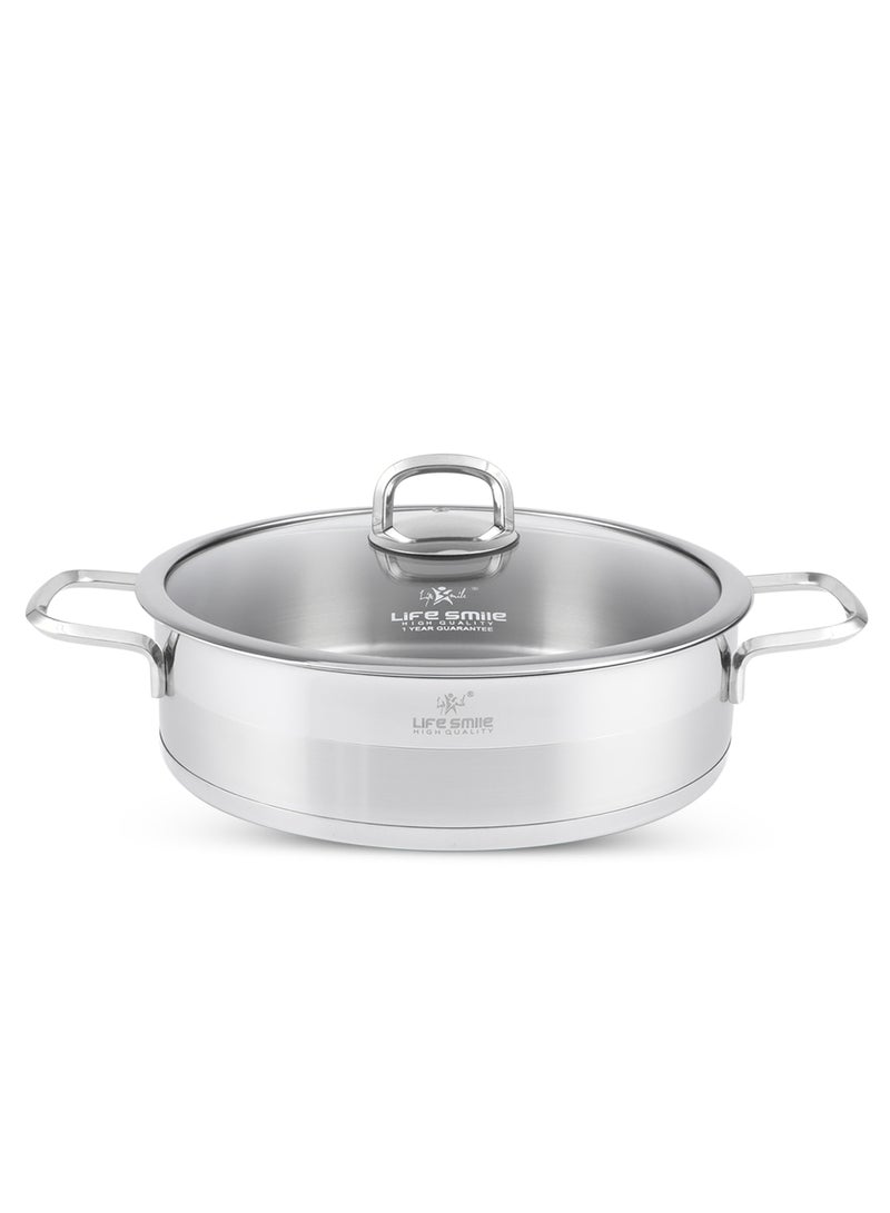 Premium 18/10 Stainless Steel Shallow Cooking Pot - Induction 3-Ply Thick Base Casserrole with Glass Lid for Even Heating Oven Safe Silver